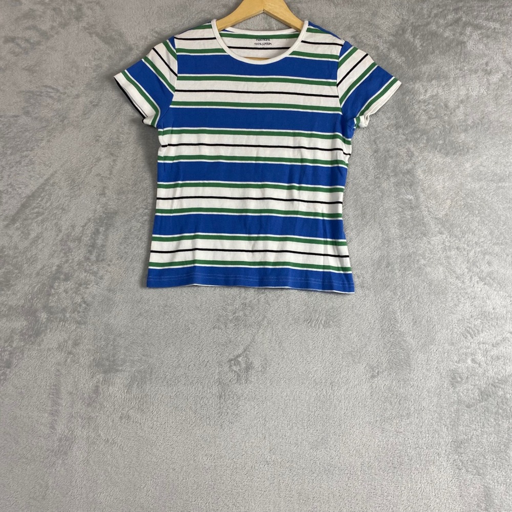 Baby Tee Womens Blue Green White Striped 100% Cotton Short Sleeve T-Shirt Size M